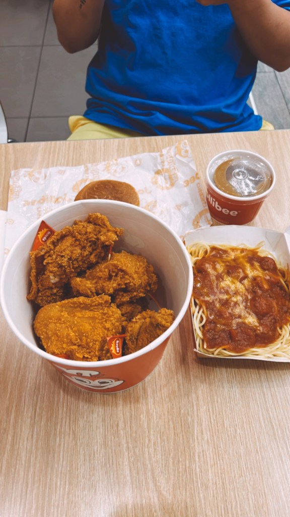 fried chicken and filipino spaghetti from jollibee